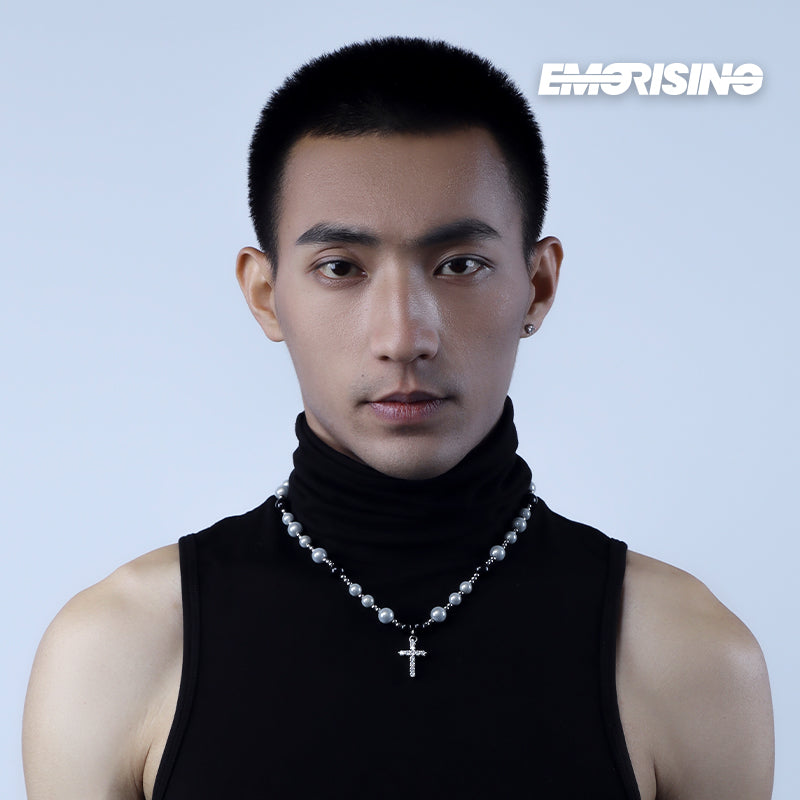 "Midnight Blessing" - Black & White Pearl Cross Necklace