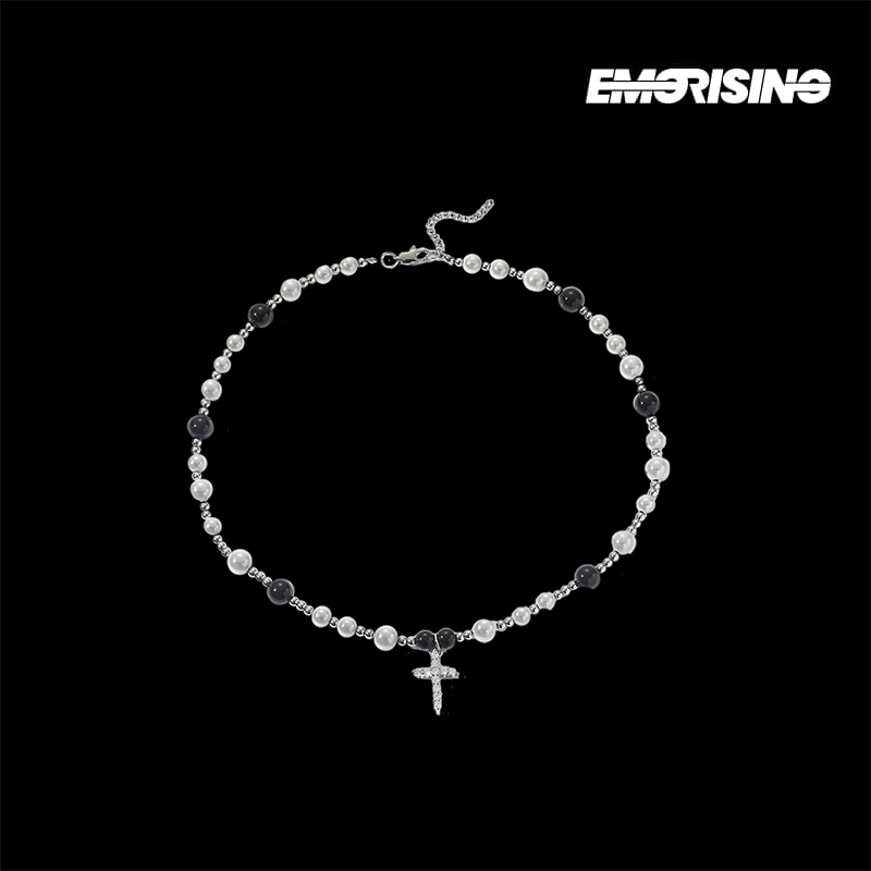 "Midnight Blessing" - Black & White Pearl Cross Necklace